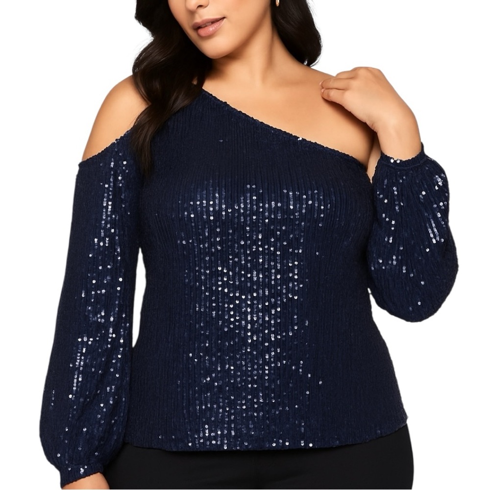 CeCe glamorous bows Navy Sequin Off-Shoulder cold Blouse sequence bling NWT Sz M - Picture 9 of 15